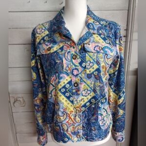 LH Sport Denim Jacket Shacket Women's Size Medium Long Sleeve Button Front Boho.